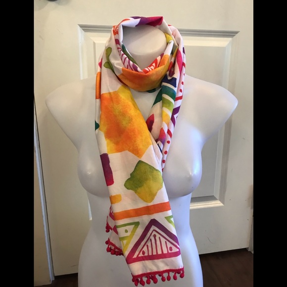 NWOT Lush Vibrant Multi coloured Scarf with Small ball tassels - Picture 6 of 8
